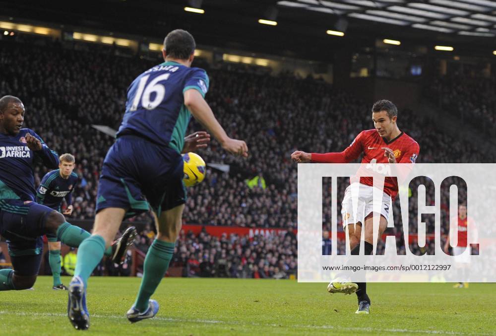 Robin van Persie of Manchester United scores the first - On the left: John Oshea - Barclays Premier League - Manchester United vs AFC Sunderland - Old Trafford Stadium - Manchester - 15 12 12 .