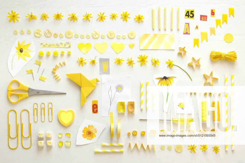 Collection of yellow items including flower heads, sewing items and office supplies property released CMF00888