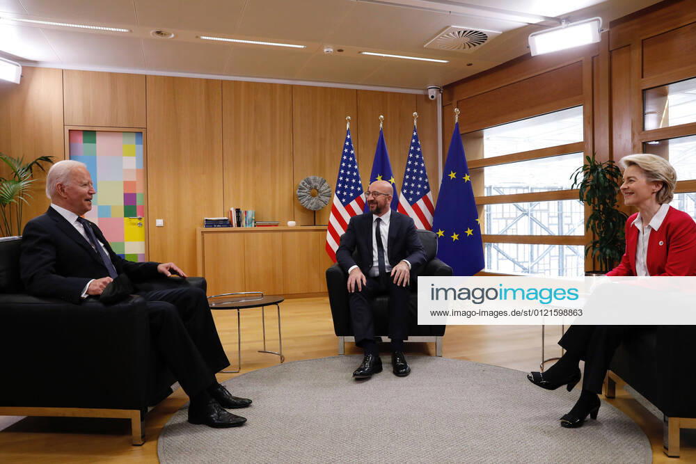(210615) -- BRUSSELS, June 15, 2021 -- European Council President Charles Michel (C) and European Commission President Ursula von der Leyen (R) talk with U.S. President Joe Biden at the EU headquarters in Brussels, Belgium, on June 15, 2021. The (EU) and the United States held their first summit in seven years on Tuesday as U.S. President Joe Biden was on his first overseas trip since taking office to revamp the transatlantic ties. ( Handout via Xinhua) BELGIUM-BRUSSELS-EU-U.S. SUMMIT EuropeanxUnion