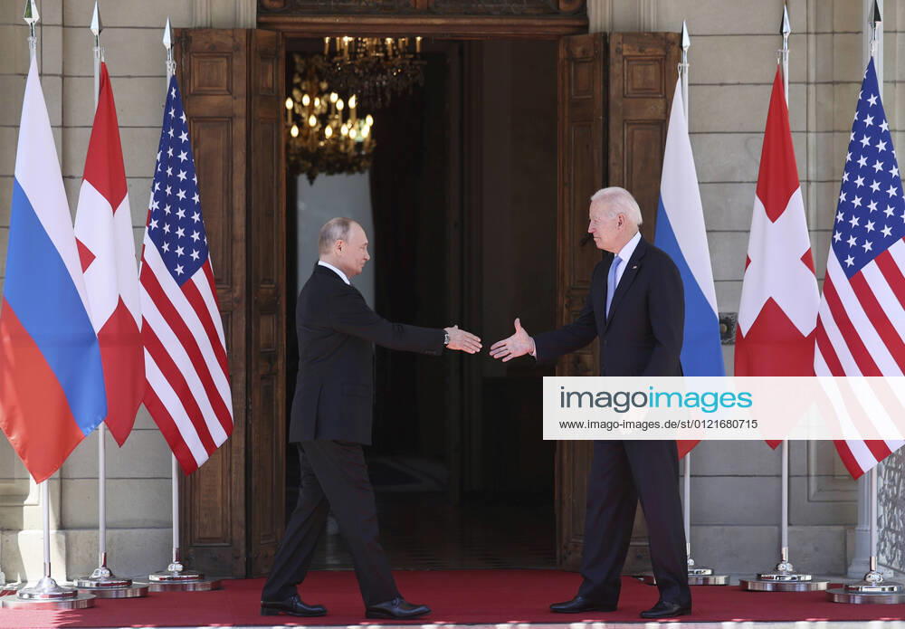 GENEVA, SWITZERLAND – JUNE 16, 2021: Russia s President Vladimir Putin (L) and US President Joe Biden shake hands as they meet for a Russia-United States summit at the Villa La Grange. Sergei Bobylev TASS TS104E57
