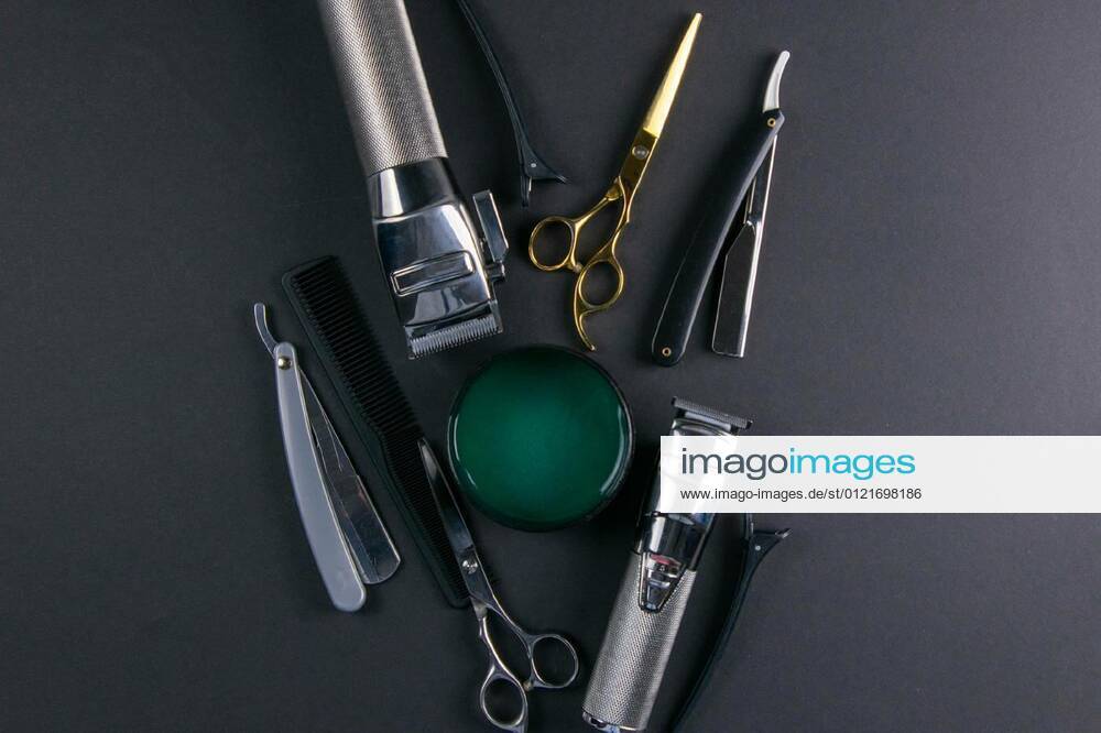 Scissors, hair clipper, combs, dangerous razor, gel for haircuts on black background. Hairdressing concept, 31.03.2020 09:55:49,