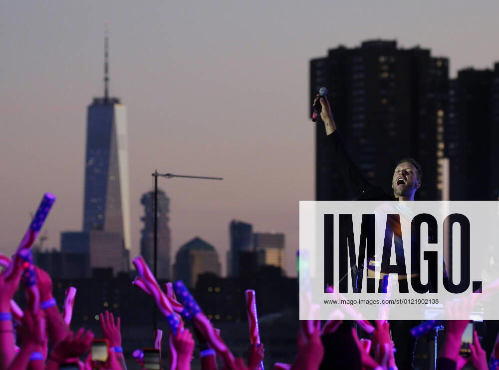 Chris Martin and Coldplay perform during a taped free concert in front of One World Trade Center and the Manhattan skyline for Macy s Fourth of July special in New York City on Thursday, June 17, 2021. NYP20210617131 JohnxAngelillo