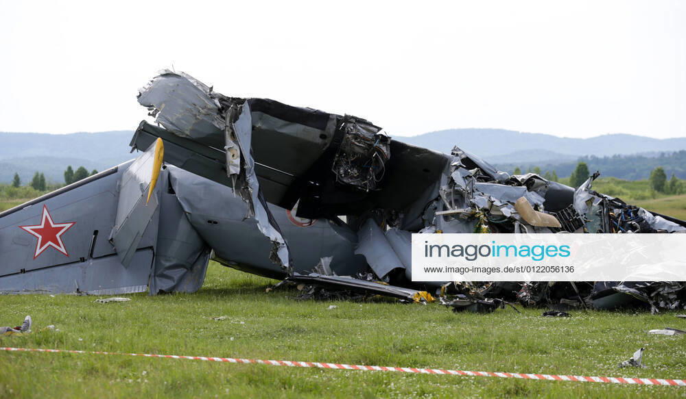 The site of the crash of a DOSAAF schoolâ€s L-410 light aircraft near Zhuravlevo, Kemerovo Region, south Siberia. At least nine people, including two crew members died in the accident. The aircraft, which took off from Tanai Airport with 19 people onboard for a parachute training flight, suffered an engine failure and hit tree tops while crashlanding. Danil Aikin TASS TS1054C5