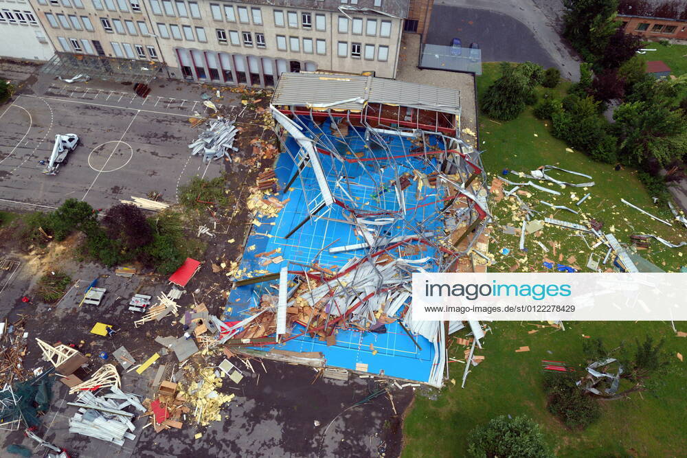 Aerial drone picture shows the damages after Sunday s small tornado occured, in Beauraing, Monday 21 June 2021. 92 houses in the city were destroyed by the storm. The coordination committee, which was set up after the passage of a Tornado in Beauraing, has decided to deactiviate the municipal emergency plan. ERICxLALMAND 3013304