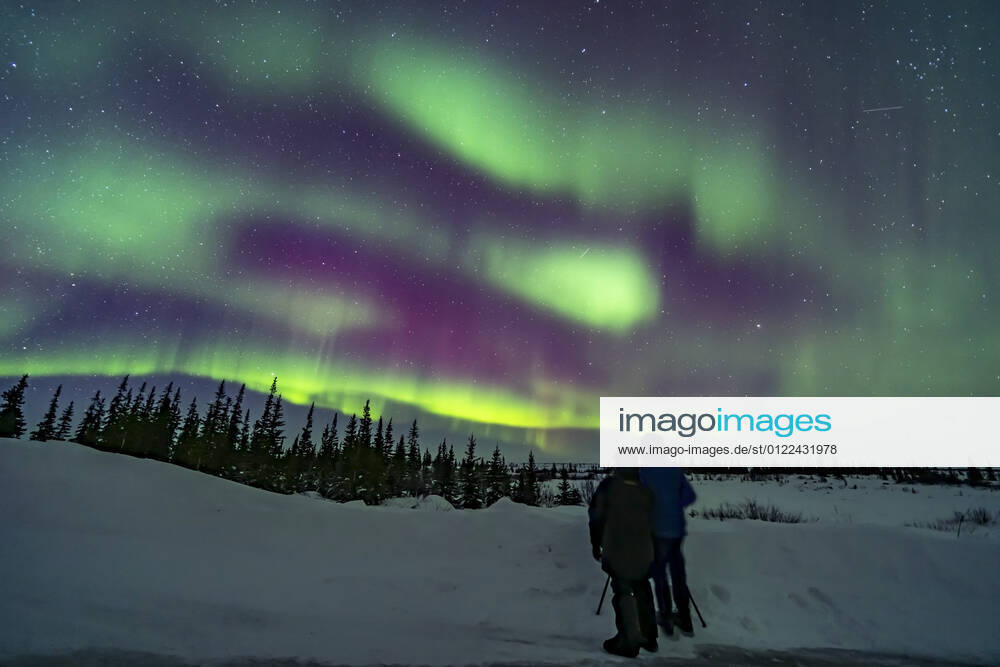 A couple watches an aurora display in Churchill, Manitoba, Canada. Arcturus is the bright star at right in the northeast.