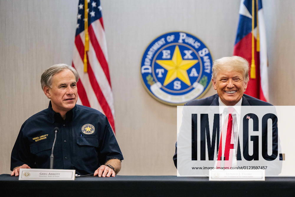 WESLACO, TEXAS - JUNE 30: Texas Gov. GREG ABBOTT addresses former President DONALD TRUMP during a border security briefing to discuss further plans in securing the southern border wall on June 30, 2021 in Weslaco, Texas. Gov. Abbott has pledged to build a state-funded border wall between Texas and Mexico as a surge of mostly Central American immigrants crossing into the United States has challenged U.S. immigration agencies. So far in 2021, U.S. Border Patrol agents have apprehended more than 900,000 immigrants crossing into the United States on the southern border. Weslaco United States - ZUMAz113 20210630_znh_z113_006