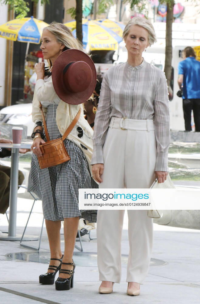 NEW YORK, NY- JULY 9: Sarah Jessica Parker, Cynthia Nixon on the set of HBO Max series, And Just Like That, the Sex And The City 10-part revival in New York City on July 9, 2021.