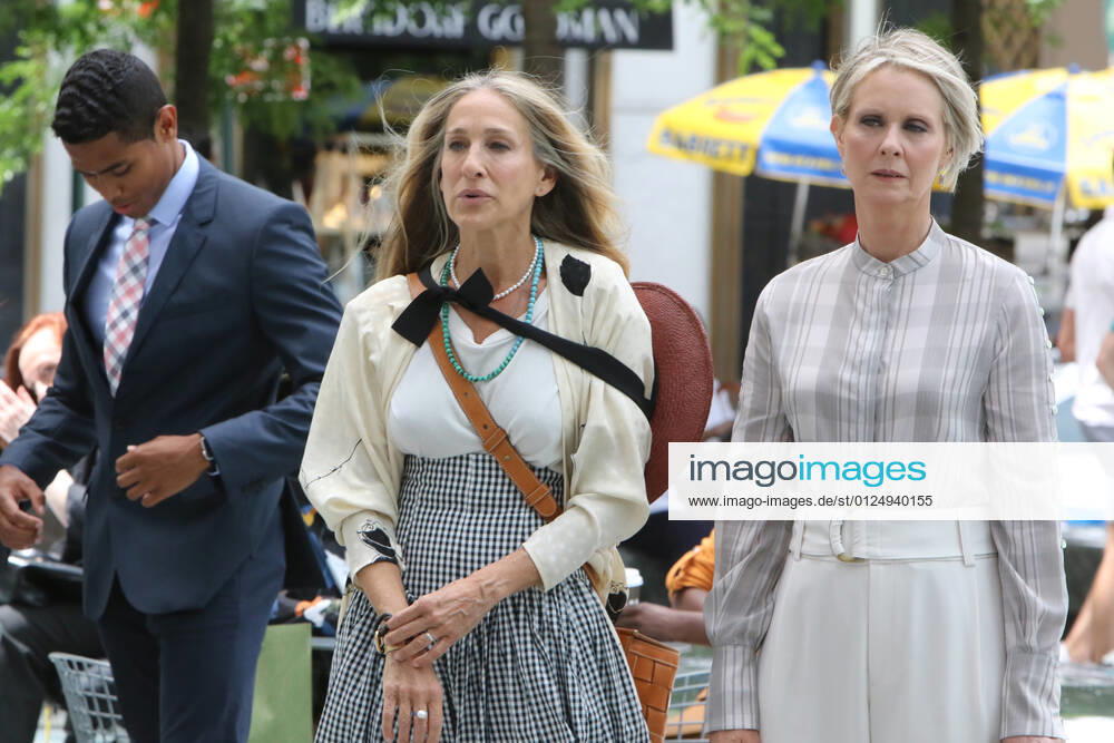NEW YORK, NY- JULY 9: Sarah Jessica Parker, Cynthia Nixon on the set of HBO Max series, And Just Like That, the Sex And The City 10-part revival in New York City on July 9, 2021.