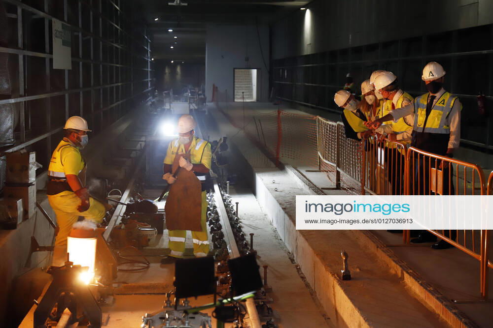 The president of the Junta de Andalucia, Juanma Moreno (1r), attends the first welding of the track rail at the Atarazanas metro station, in the image together with the Minister of Public Works, Marifran Carazo and the mayor of Malaga, Francisco de la Torre and the Minister of the Presidency Elias Bendodo. A, 26 July 2021, in Malaga (Andalusia, Spain). 26 JULY 2021 Ãlex Zea LagenciaEP 07 26 2021 Malaga (Andalusia) Malaga (Andalusia) Spain