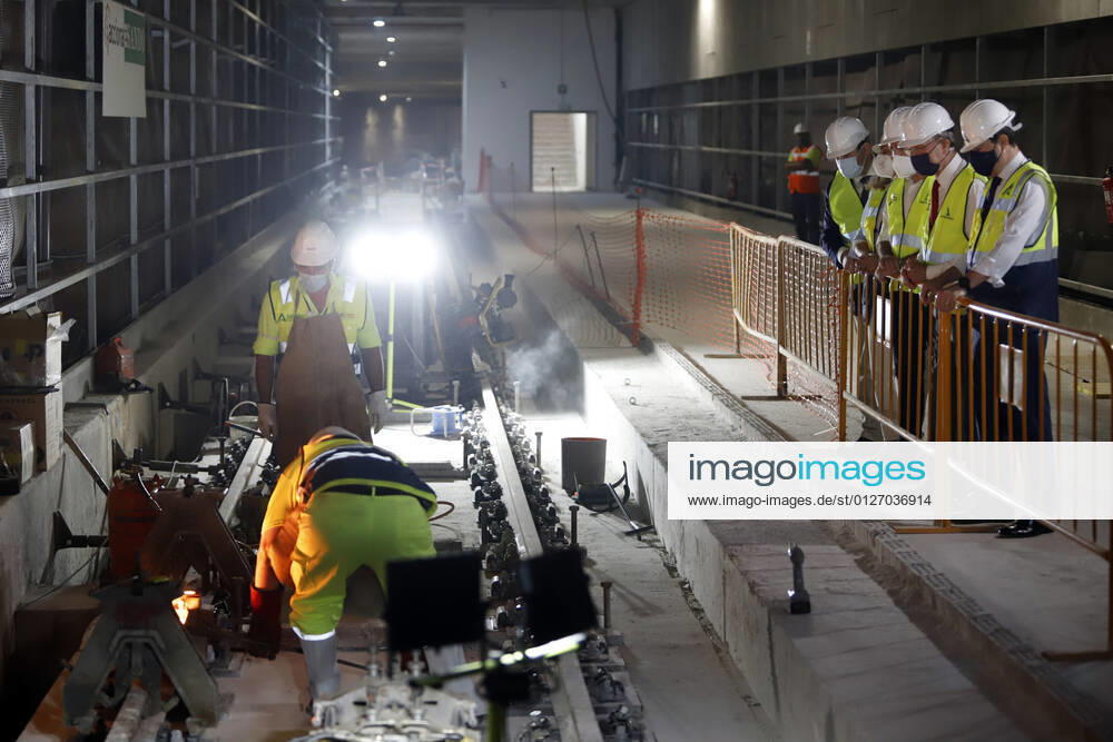 The president of the Junta de Andalucia, Juanma Moreno (1r), attends the first welding of the track rail at the Atarazanas metro station, in the image together with the Minister of Public Works, Marifran Carazo and the mayor of Malaga, Francisco de la Torre and the Minister of the Presidency Elias Bendodo. A, 26 July 2021, in Malaga (Andalusia, Spain). 26 JULY 2021 Ãlex Zea LagenciaEP 07 26 2021 Malaga (Andalusia) Malaga (Andalusia) Spain