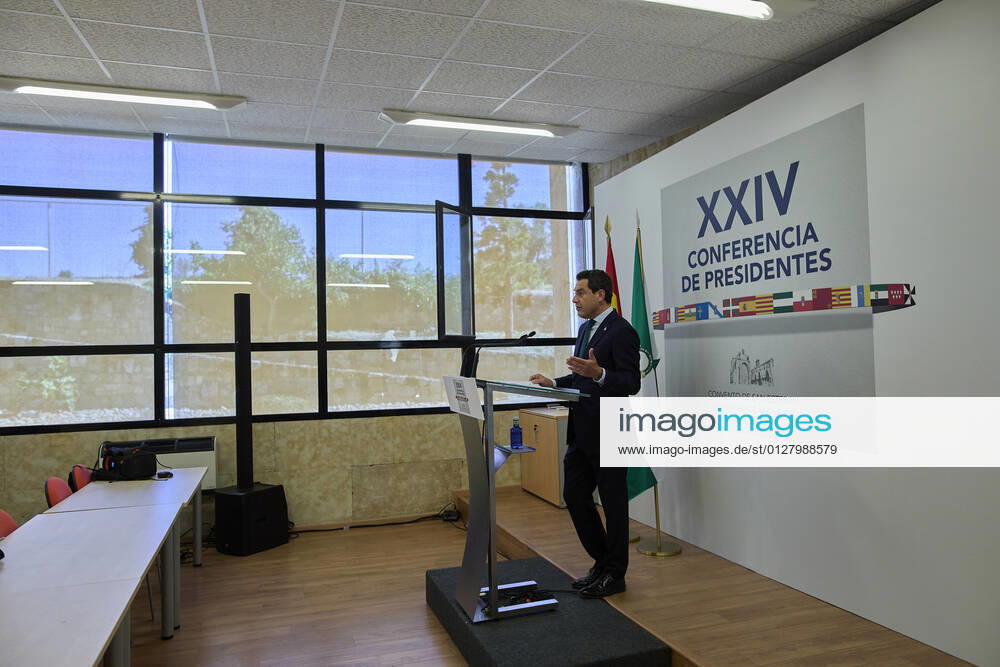 The President of the Junta de Andalucia, Juanma Moreno, gives a conference in the Aulario del Convento de San Esteban after the celebration of the XXIV Conference of Presidents, on 30 July 2021, in Salamanca, Castilla y Leon (Spain). The three main topics discussed at this extraordinary meeting, the highest political body for multilateral coordination, were the current situation of the COVID-19 pandemic, economic recovery, the distribution of European funds and the demographic challenge. The 24th Conference of Presidents has been marked mainly by the Catalan President s approach to this meeting and by the complaints of some Autonomous Communities, mainly from the PP, about the format of this meeting, criticising the fact that the head of