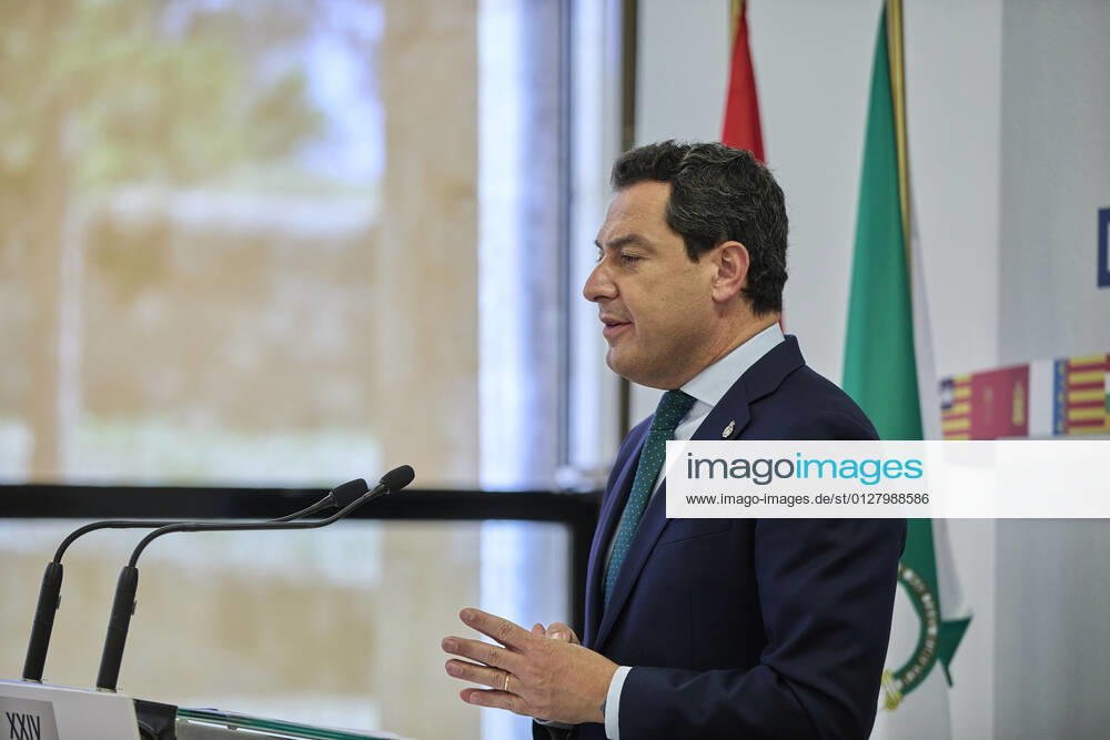 The President of the Junta de Andalucia, Juanma Moreno, gives a conference in the Aulario del Convento de San Esteban after the celebration of the XXIV Conference of Presidents, on 30 July 2021, in Salamanca, Castilla y Leon (Spain). The three main topics discussed at this extraordinary meeting, the highest political body for multilateral coordination, were the current situation of the COVID-19 pandemic, economic recovery, the distribution of European funds and the demographic challenge. The 24th Conference of Presidents has been marked mainly by the Catalan President s approach to this meeting and by the complaints of some Autonomous Communities, mainly from the PP, about the format of this meeting, criticising the fact that the head of