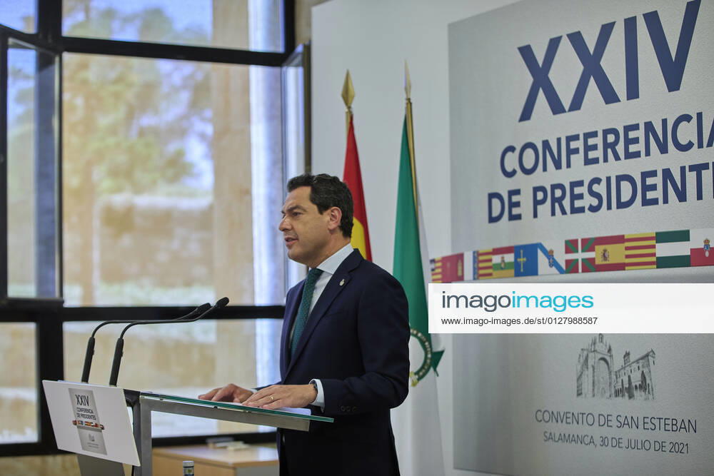 The President of the Junta de Andalucia, Juanma Moreno, gives a conference in the Aulario del Convento de San Esteban after the celebration of the XXIV Conference of Presidents, on 30 July 2021, in Salamanca, Castilla y Leon (Spain). The three main topics discussed at this extraordinary meeting, the highest political body for multilateral coordination, were the current situation of the COVID-19 pandemic, economic recovery, the distribution of European funds and the demographic challenge. The 24th Conference of Presidents has been marked mainly by the Catalan President s approach to this meeting and by the complaints of some Autonomous Communities, mainly from the PP, about the format of this meeting, criticising the fact that the head of