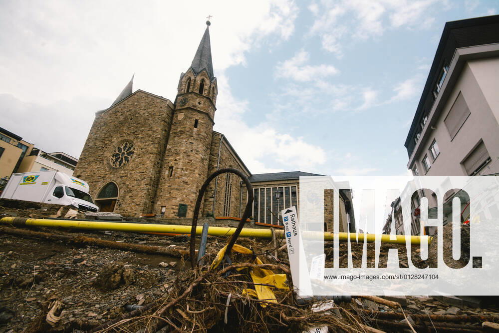 Aftermath In Bad Neuenahr-Ahrweiler Flooded scene is seen in front of Evangelical Church in Bad Neuenahr-Ahrweiler, Germany on August 4, 2021 as two weeks after flood disaster Bad Neuenahr Germany tang-notitle210804_npeou