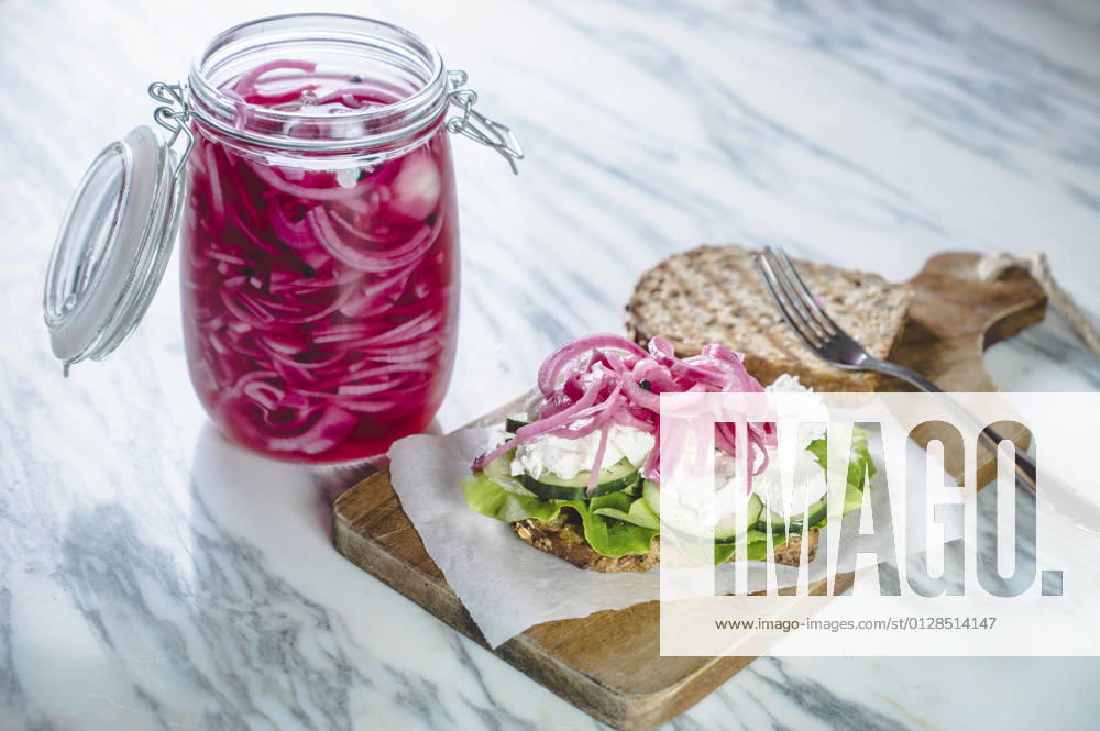 IMAGO Creative, Food, Pickled Onions Sandwich with pickled onions, cucumbers, creamed goat cheese and lettuce IPF00561