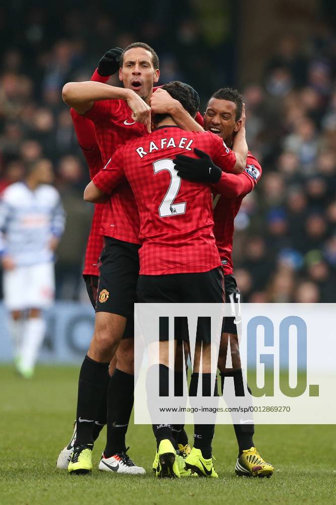 Football - 2012 2013 Premier League - Queens Park Rangers vs. Manchester United (ManU) Manchester United (ManU) s Rafael celebrates scoring with Manchester United (ManU) s Rio Ferdinand and Nani at Loftus Road, London