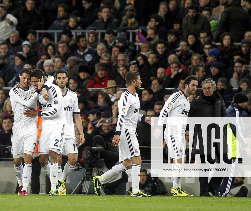 Copa del Rey. FC Barcelona vs Real Madrid. (L_R) Cristiano Ronaldo, Raphael Varane, Alvaro Arbeloa, Sergio Ramos, Gonzalo Higuain, Jose Mourinho Celebrate 3-0.