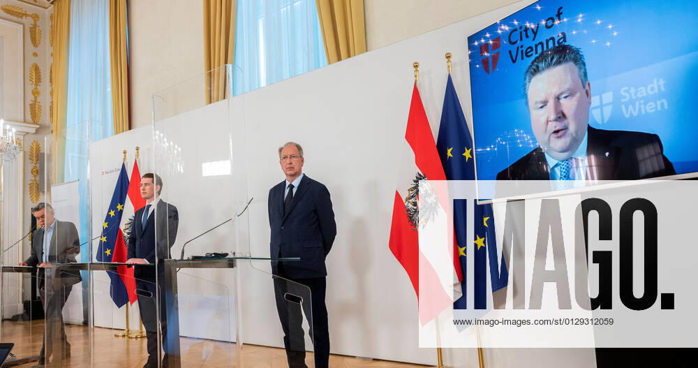 20210406 Corona measures. Talks by government with experts - opposition - state governors - Press conference afterwards VIENNA, AUSTRIA - APRIL 6: Vice Chancellor Werner Kogler (Green Party), Federal Chancellor Sebastian Kurz (OEVP), Vice Rector of the Medical University of Vienna Oswald Wagner, on TV governor and mayor of Vienna Michael Ludwig (SPOE) after talks of government with stategovernors concernng the Corona measurements at Federal Chancellery on April 6, 2021 in Vienna, Austria. WIEN, OESTERREICH - 6. APRIL: Vizekanzler Werner Kogler (Gruene), Bundeskanzler Sebastian Kurz (OEVP), Vizerektor der MedUni Wien Oswald Wagner, online zugeschaltet: Landeshauptmann und Buergermeister von Wien Michael Ludwig (SPOE) nach einem Gespraech de