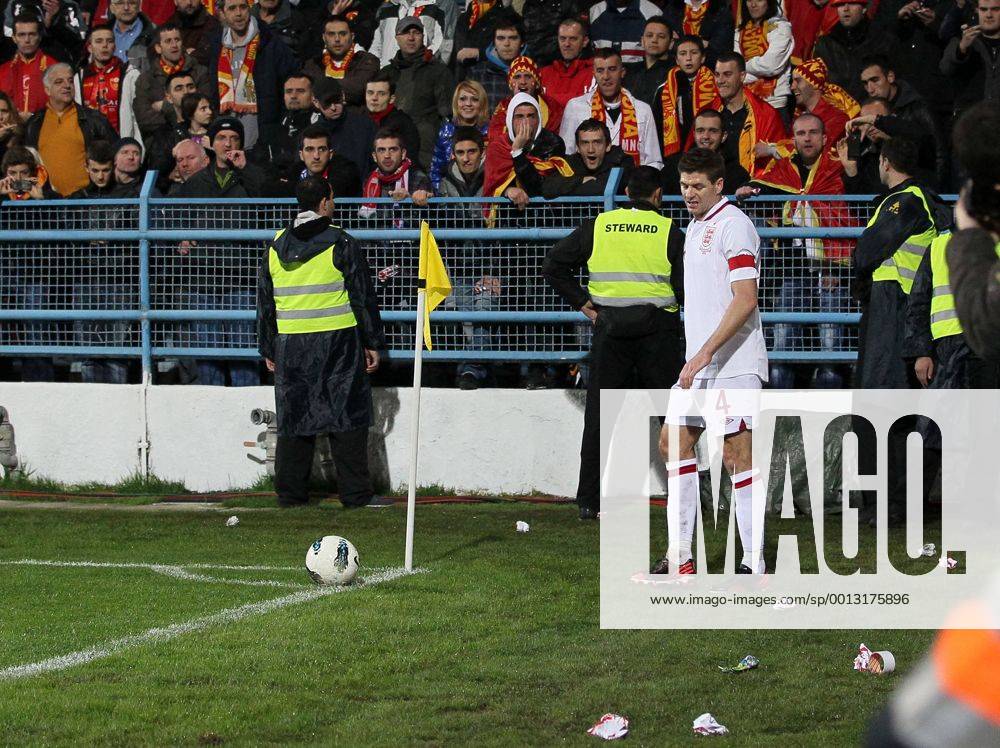 England s Steven Gerrard gets pelted by missiles..Montenegro v England- World Cup Qualifier - Podgorica City Stadium, Podgorica- 26 03 13 - Picture David Klein Sportimage .