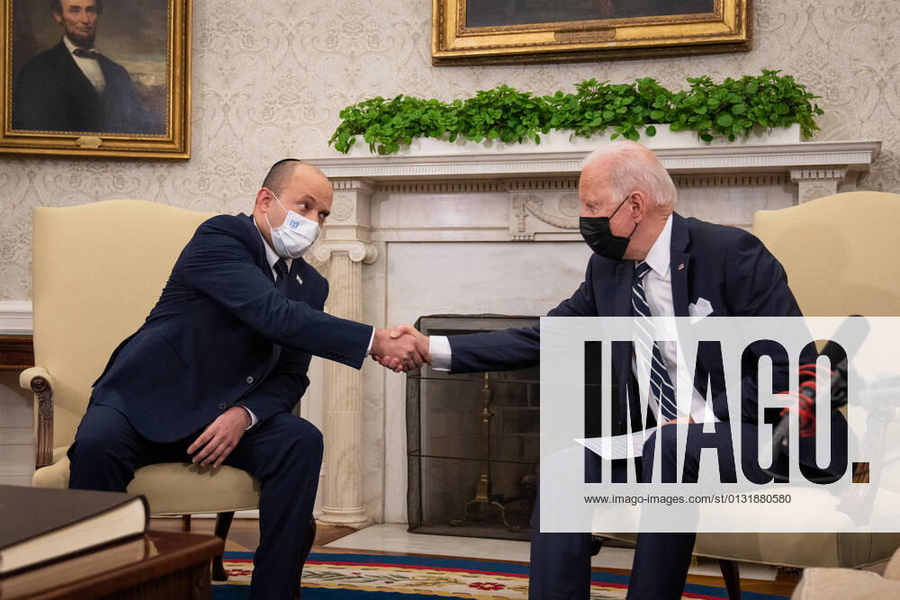 President Joe Biden R) and Israeli Prime Minister Naftali Bennet shake hands as they meet for a bilateral meeting in the Oval Office of the White House in Washington, D.C. on Friday, August 27, 2021. Pool WASP20210827102 SarahbethxManey