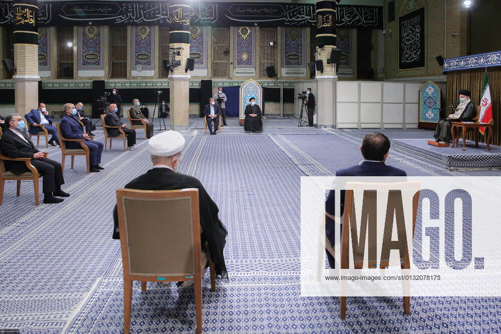 A handout picture provided by the office of Iran s Supreme Leader Ayatollah ALI KHAMENEI on August 28, 2021, shows him meeting with Iran s President Ebrahim Raisi and his cabinet in the capital Tehran. He accused US President Joe Biden of making the same demands as his predecessor Donald Trump in talks to revive a nuclear deal. In his speech, Khamenei also called on Raisi to repair the public s damaged trust in government. Iran has in recent years been hit by several protests over the economy and living conditions made worse by punishing US sanctions. Tehran Iran - ZUMAi98_ 20210828_zih_i98_019