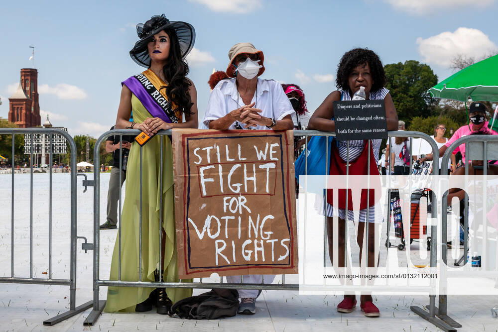 Nationwide March For Voting Rights A few of the 20,000 people attending the flagship event of a nationwide march for voting rights on the 58th anniversary of the March on Washington. Partcipating individuals and organizations demand an end to the filibuster and passage of the John Lewis Voting Rights Advancement Act and the For the People act to ensure federal protection of the right to vote. The event is sponsored by the Drum Major Institute, March On, SEIU, National Action Network, and Future Coalition, and has more than 225 partner organizations. Washington DC United States bailey-nationwi210828_npXrT
