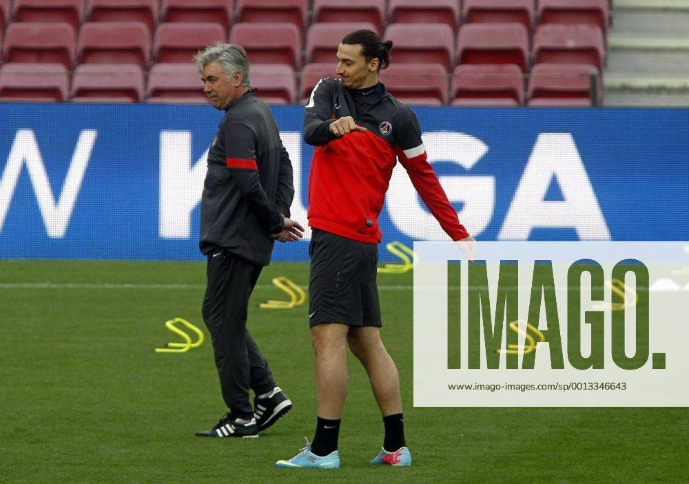 Barcelona, Camp Nou april 9. Zlatan Ibrahimovic and Carlo Ancelotti Paris Saint Germain training before the match in Champions League