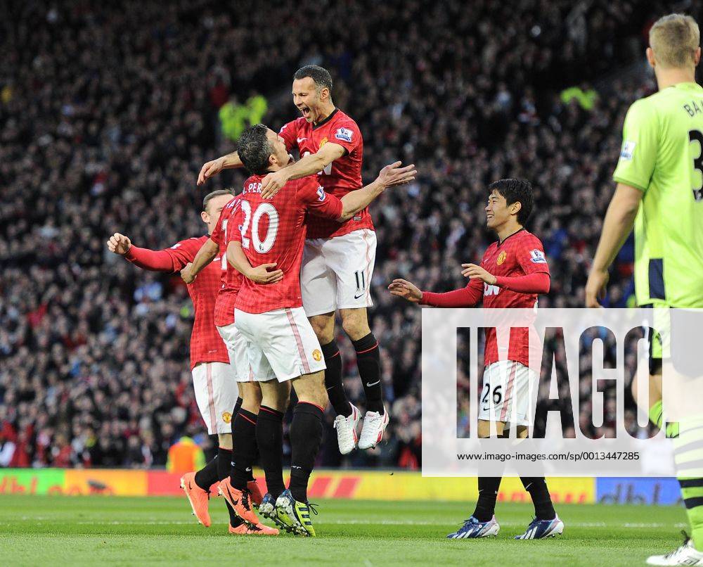 Goalscorer Robin van Persie of Manchester United celebrates with the providor Ryan Giggs of Manchester United - Barclays Premier league - Manchester Utd ManU vs Aston Villa - Old Trafford Stadium - Manchester - 22 04 13 - .