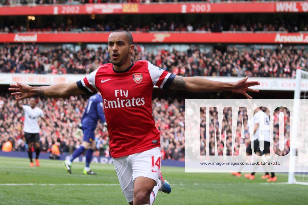 FC Arsenal London v Manchester United (ManU) . . April 28, 2013 Theo Walcott (A) celebrates scoring a goal for FC Arsenal. 1-0