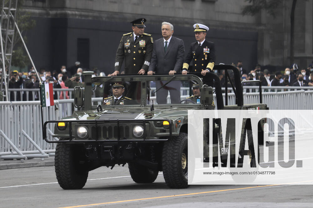 Military Parade On The Occasion Of The 211th Anniversary Of The Independence Of Mexico Andràs Manuel Lopez Obrador (centre), President of Mexico, accompanied by General Luis Cresencio Sandoval Gonzalez (left), Secretary of National Defence, and Admiral Josà Rafael Ojeda Duran (right), Secretary of the Navy, in Mexico City s Zocalo prior to the military parade to mark the 211th anniversary of Mexico s Independence. Mexico City Mexico vieyra-notitle210916_npjqU