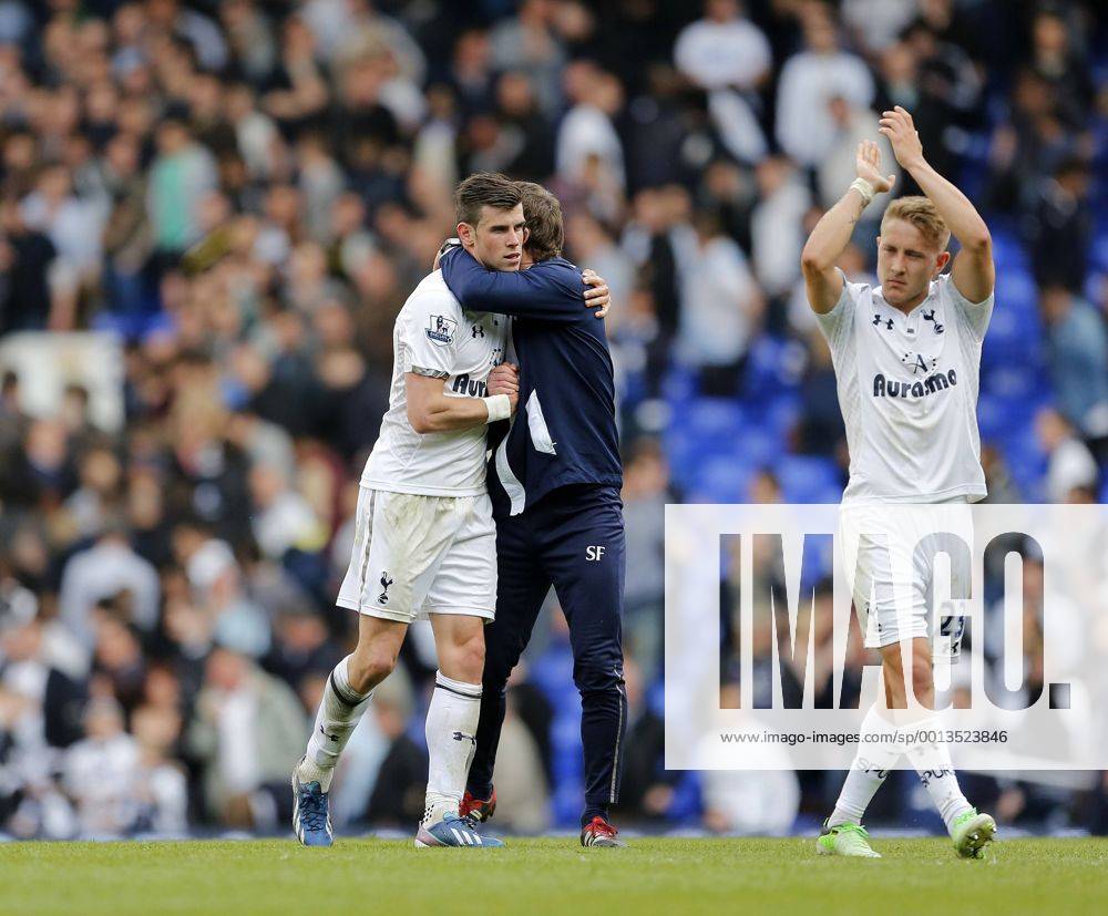 Tottenham s Gareth Bale ân Lewis Holtby celebrate at the final whistle with Steffen Freund..- Barclays Premier League - Tottenham vs Southampton - White Hart Lane - London - 4th May 2013 - Pic David Klein Sportimage .