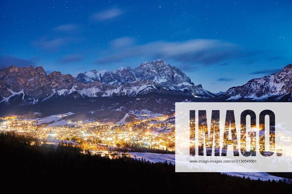 Cortina Ampezzo ski resort city at night, 12.10.2020,