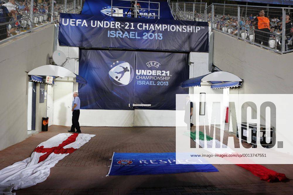 England s and Italy s flags are put out before the teams come out - England U21 vs Italy U21 - UEFA U21 Championship 2013 - Bloomfield Stadium - Tel Aviv - 05 06 2013 - .