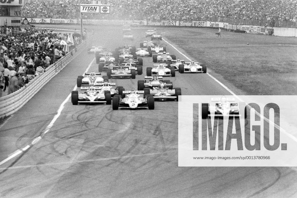 Start zum GP von Deutschland 1981, Alain Prost (Frankreich Renault, lre.) vor Carlos Reutemann (Argentinien Williams Ford) und Rene Arnoux (Frankreich Ferrari)
