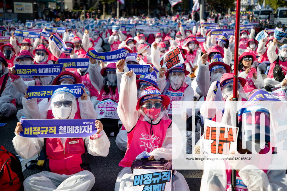 General Strike Of The Korean Confederation Of Trade Unions In Seoul Thousands of the Korean Confederation of Trade Unions members march to Seoul City hall during a rally against the government s labor policy on October 20, 2021 in Seoul, South Korea. The union members hold a massive rally in Seoul as an one-day strike aimed at bringing labor issues to the next presidential election in 2022. Seoul South Korea