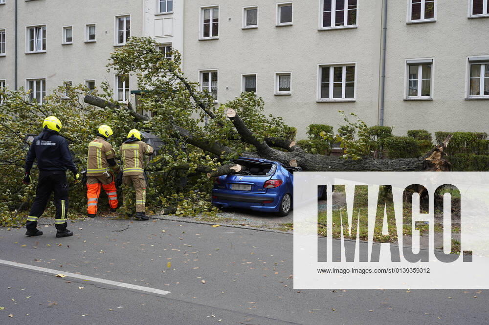 KW42 In der Eichbuschallee in Treptow Köpenick ist ein Baum durch Sturmtief Ignatz auf ein geparktes Auto gefallen. Die Berliner Feuerwehr beseitigt den Baum. Berlin