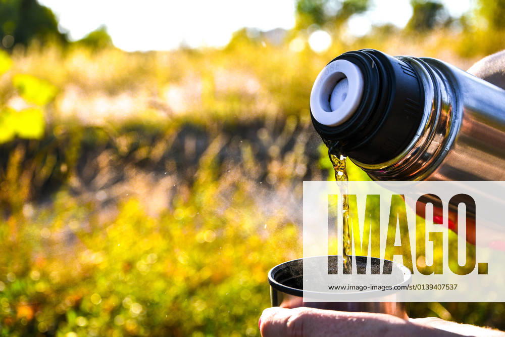 IMAGO Creative: Jahreszeit Frühling, Picknick Traveler pouring hot tea from thermos to cup at autumn fallen forest outdoor. Traveler pouring hot tea from thermos to cup at autumn fallen forest outdoor. Summer autumn picnic. Copy space