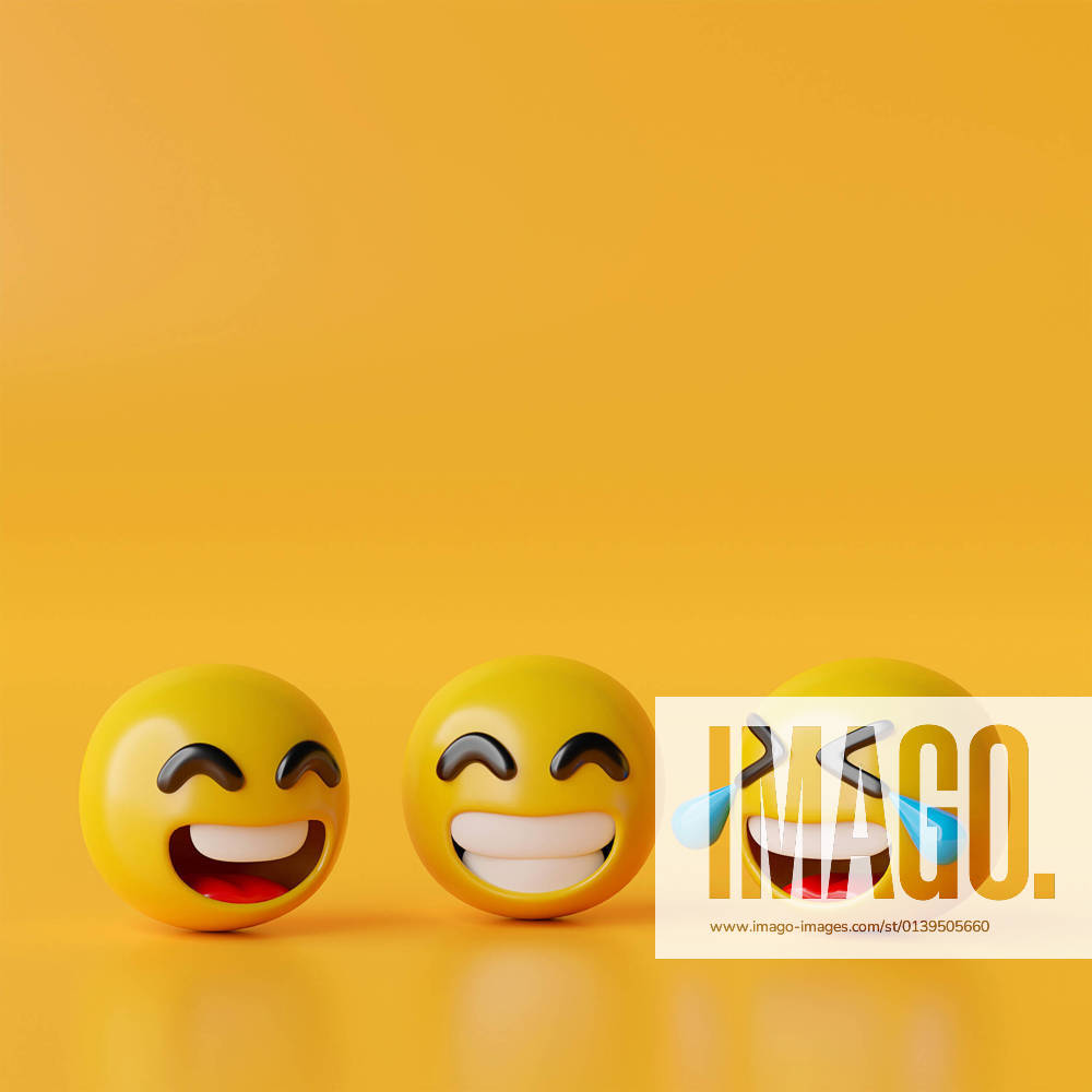 Happy emoji icons on yellow background, 3d illustration