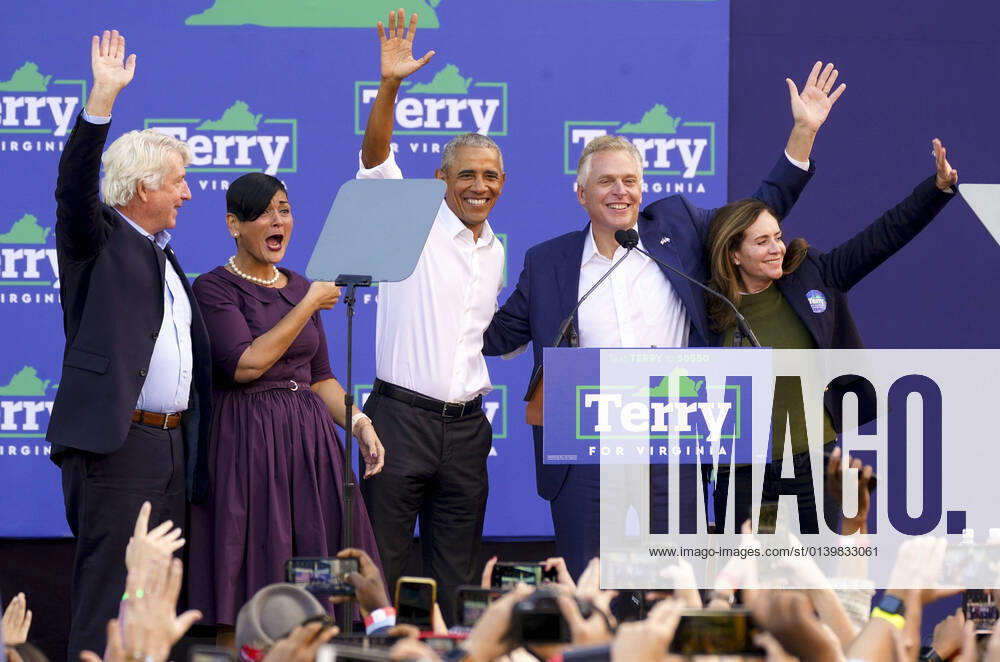 President Barack Obama campaigns for Virginia Democratic gubernatorial candidate Terry McAuliffe at the Compass patio in Richmond, Virginia on Saturday, October 23, 2021. Joining President Obama on stage is Democratic candidate for Attorney General Mark Herring, Democratic candidate for Lieutenant Governor Hala Ayala, and Dorothy McAuliffe. McAuliffe is running against Republican candidate Glenn Youngkin. WAP20211023911 LEIGHxVOGEL