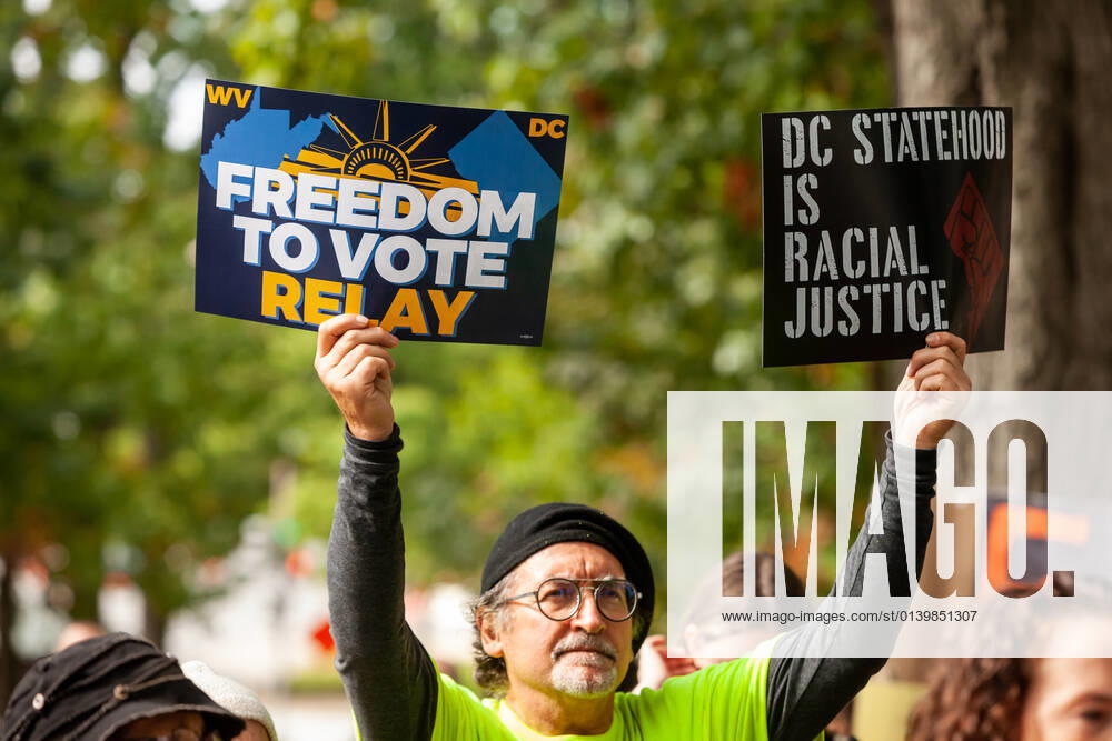 3-day relay for voting rights ends with rally at US Capitol A protester holds up signs advocating federal protections for voting and statehood for DC at the end of a relay for voting rights at the US Capitol. Protesters began the relay in West Virginia and walked or biked for the 3 days to the US Capitol. Protesters are demanding that Congress pass legislation protecting the right to vote for all Americans. Washington District of Columbia United States