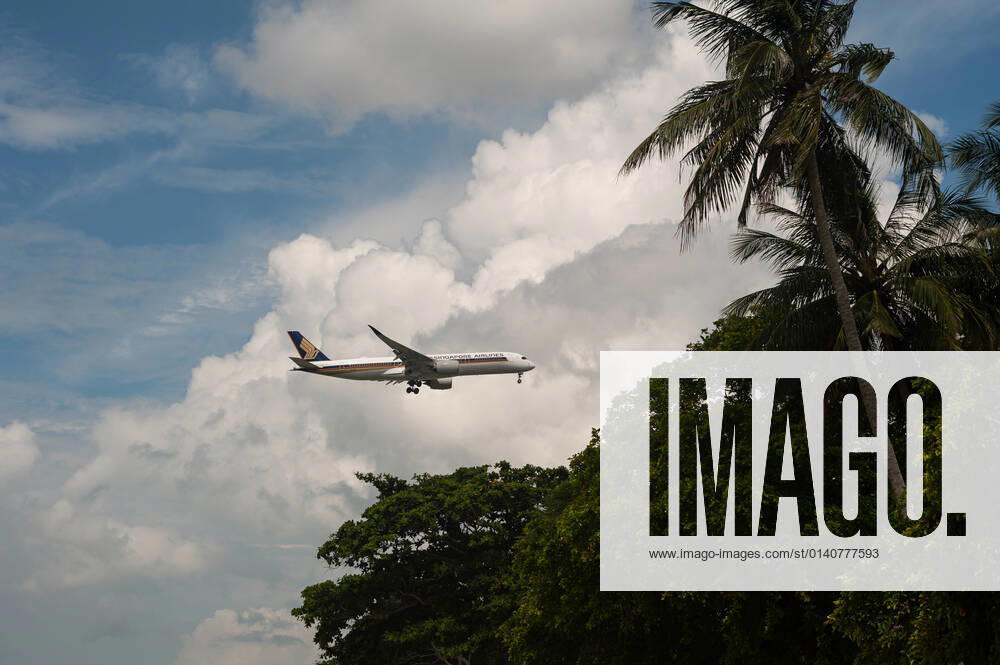 Singapur, Republik Singapur, Asien - Ein Airbus A350-900 Passagierflugzeug der Singapore Airlines fliegt ueber den Changi Beach Park bevor es auf dem internationalen Flughafen Changi landet.