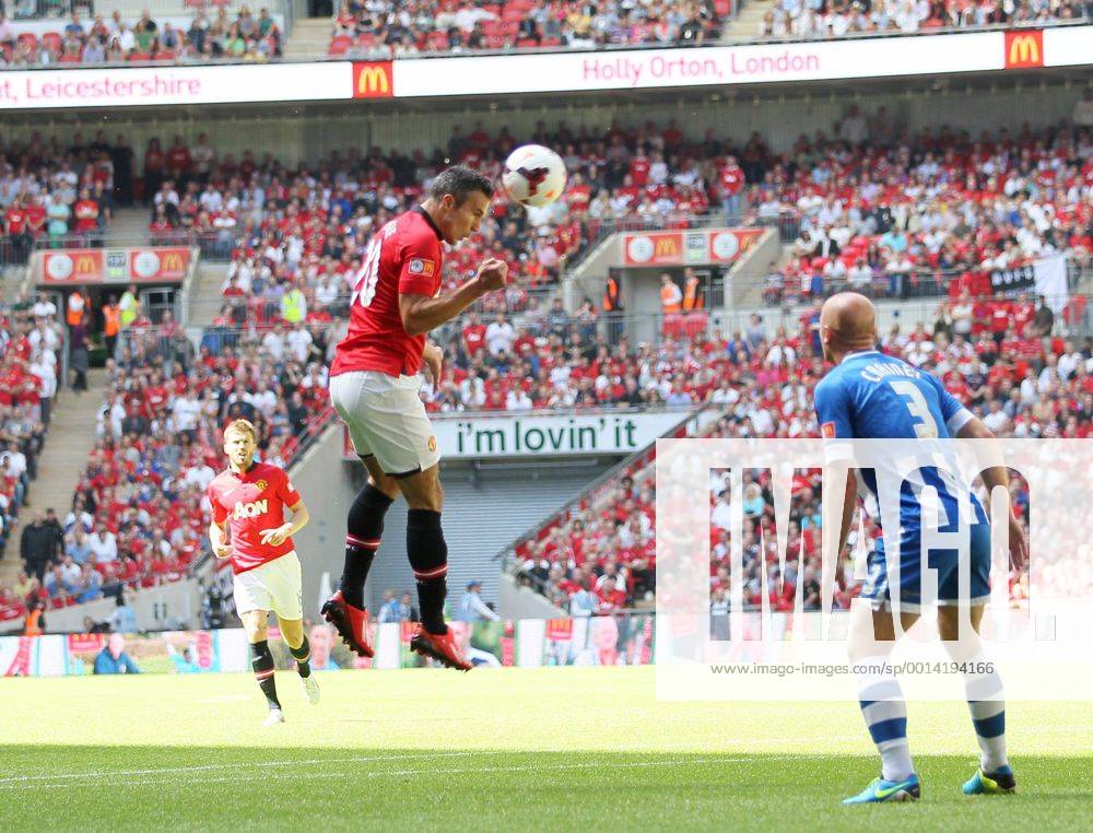 Manchester United s Robin Van Persie scoring his sides opening goal Manchester United v Wigan Athletic - FA Community Shield - Wembley - London - England -11 08 2013 - Pic David Klein Sportimage .