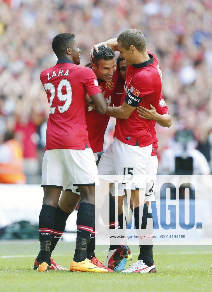 Manchester United s Robin Van Persie celebrates scoring his sides opening goal Manchester United v Wigan Athletic - FA Community Shield - Wembley - London - England -11 08 2013 - Pic David Klein Sportimage .