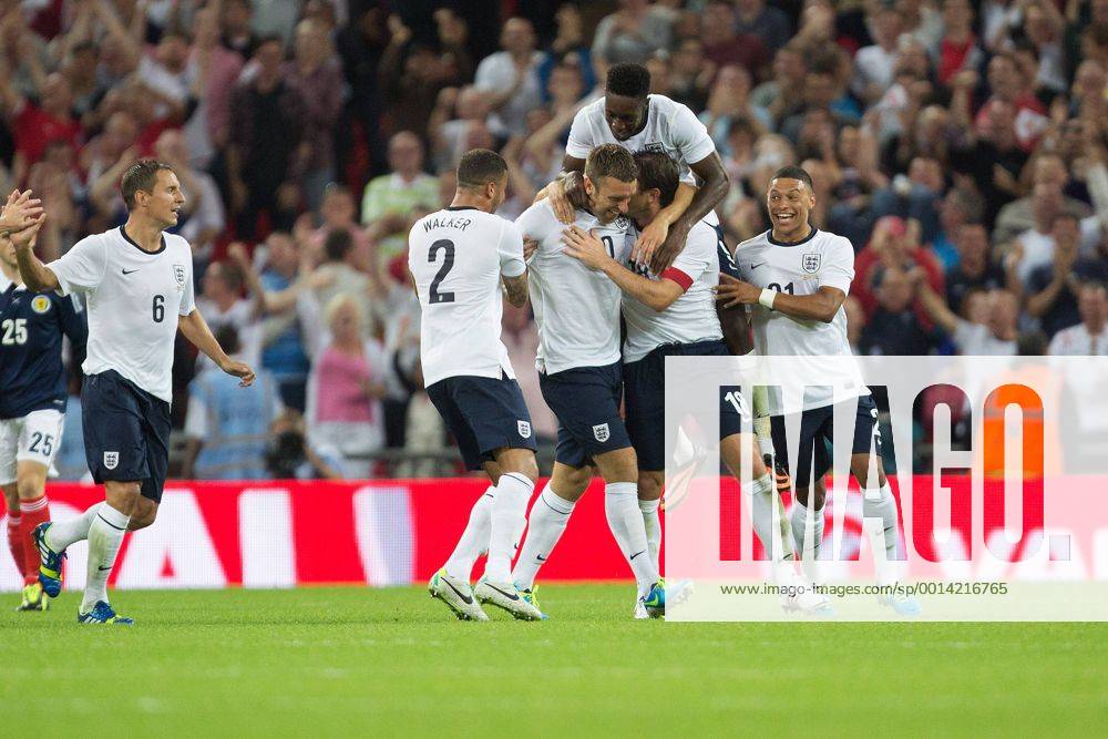 Rickie Lambert of England celebrates his goal with team mates - England v Scotland - International Friendly - Wembley Stadium - London - 13 08 2013 Pic Philip Oldham Sportimage .