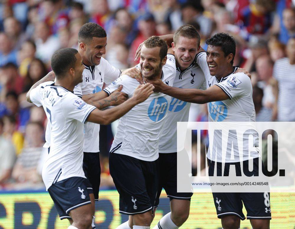 Tottenham s Roberto Soldado celebrates scoring his sides opening goal with Paulinho Crystal Palace v Tottenham Hotspur - Barclays Premiership - Selhurst Park - London - England -18 08 2013 - Pic David Klein Sportimage .