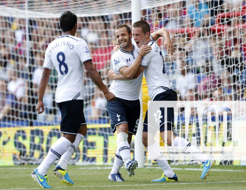 Tottenham s Roberto Soldado celebrates scoring his sides opening goal with Paulinho Crystal Palace v Tottenham Hotspur - Barclays Premiership - Selhurst Park - London - England -18 08 2013 - Pic David Klein Sportimage .