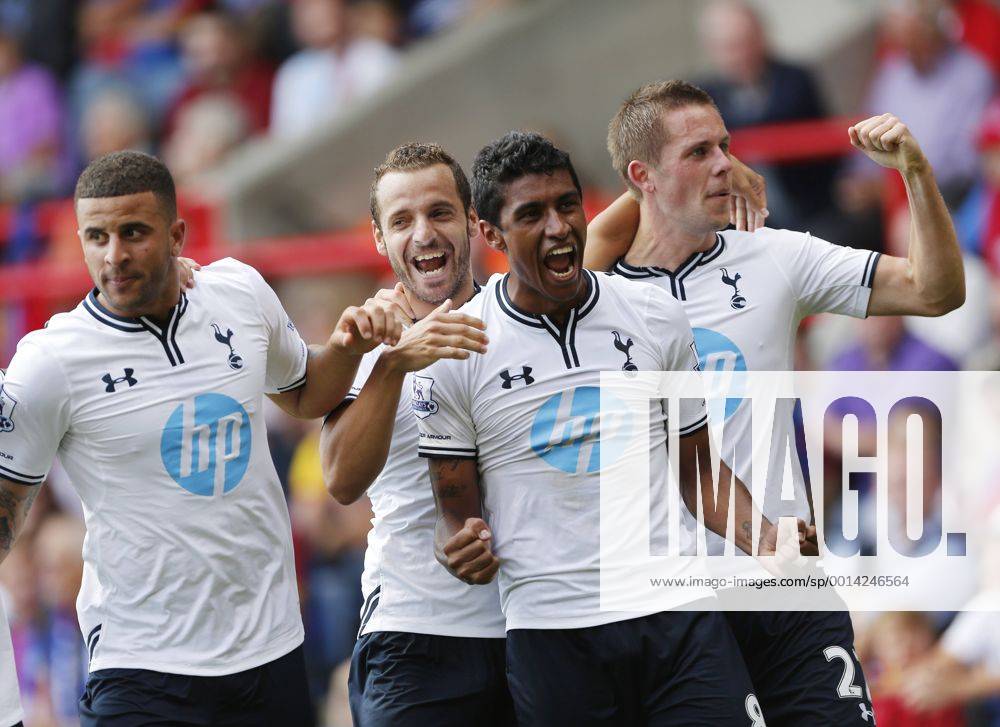 Tottenham s Roberto Soldado celebrates scoring his sides opening goal with Paulinho Crystal Palace v Tottenham Hotspur - Barclays Premiership - Selhurst Park - London - England -18 08 2013 - Pic David Klein Sportimage .