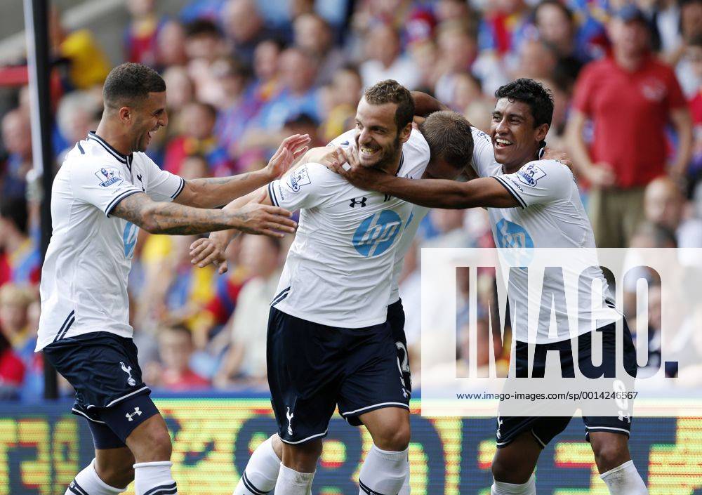 Tottenham s Roberto Soldado celebrates scoring his sides opening goal with Paulinho Crystal Palace v Tottenham Hotspur - Barclays Premiership - Selhurst Park - London - England -18 08 2013 - Pic David Klein Sportimage .