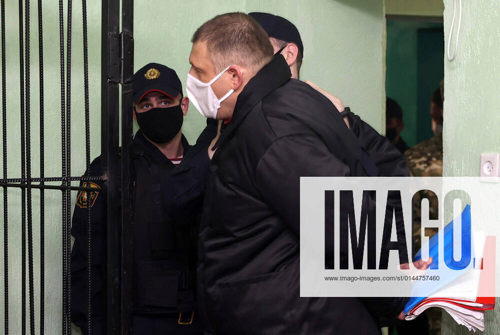 KW50 GOMEL, BELARUS – DECEMBER 14, 2021: Belarusian blogger Sergei Tikhanovsky (front), husband of former Belarusian presidential candidate Svetlana Tikhanovskaya, attends a sentence hearing at the Gomel Regional Court. Tikhanovsky has been sentenced to 18 years in prison for organizing mass unrest. Sergei Kholodilin BelTA TASS TS11BD02