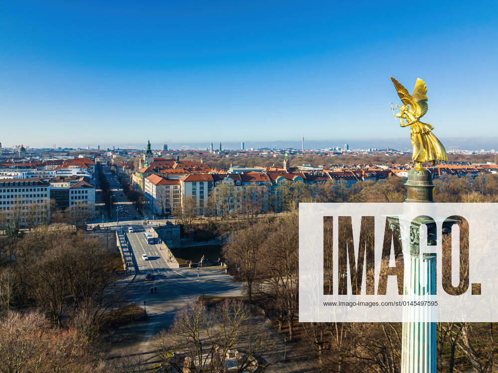 The Friedensengel overlooking Munich. Aerial view of the Friedensengel with the cityscape behind. Munich Germany